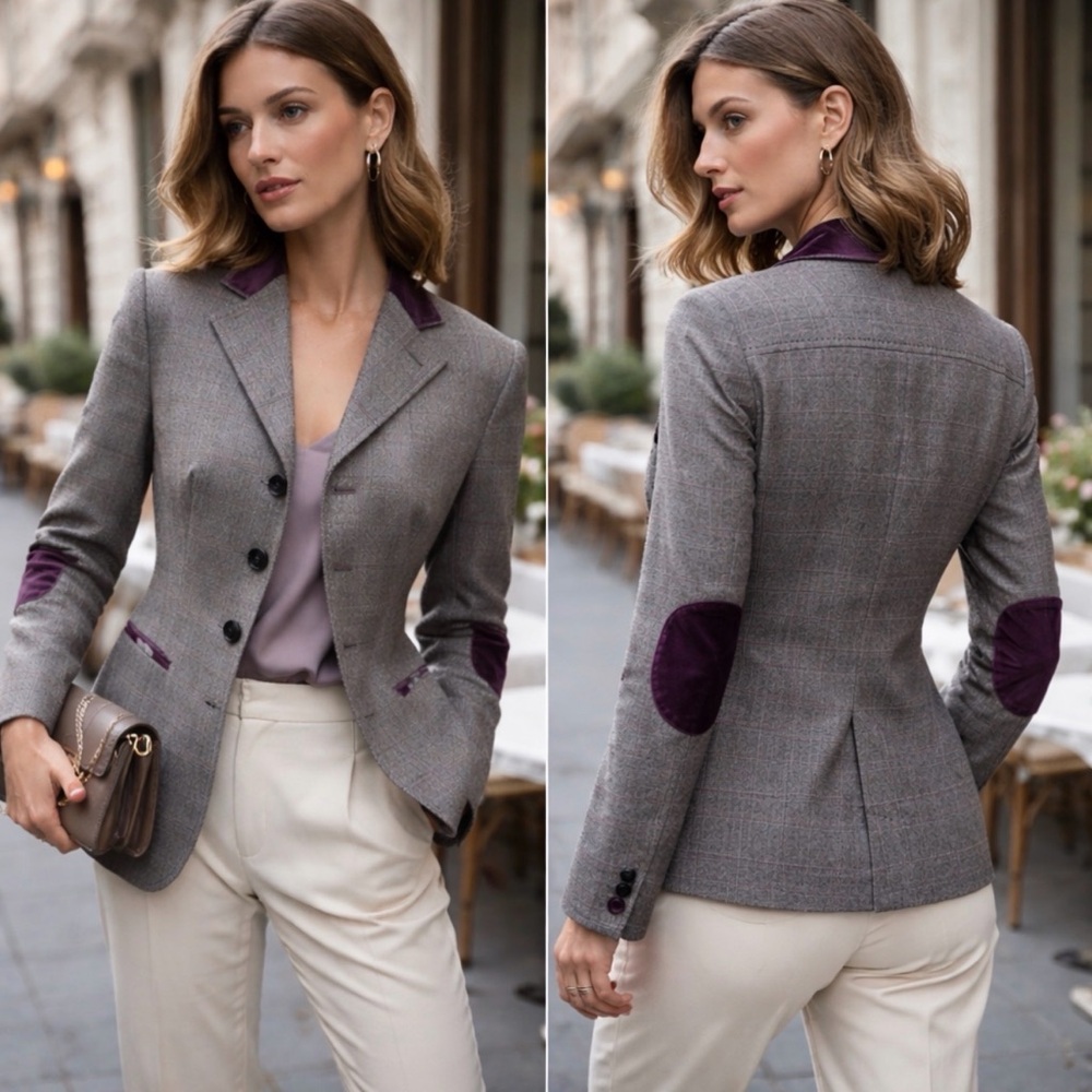Faconnable Wool Cashmere Plaid Blazer 38B Gray Purple Velvet Elbow Patch